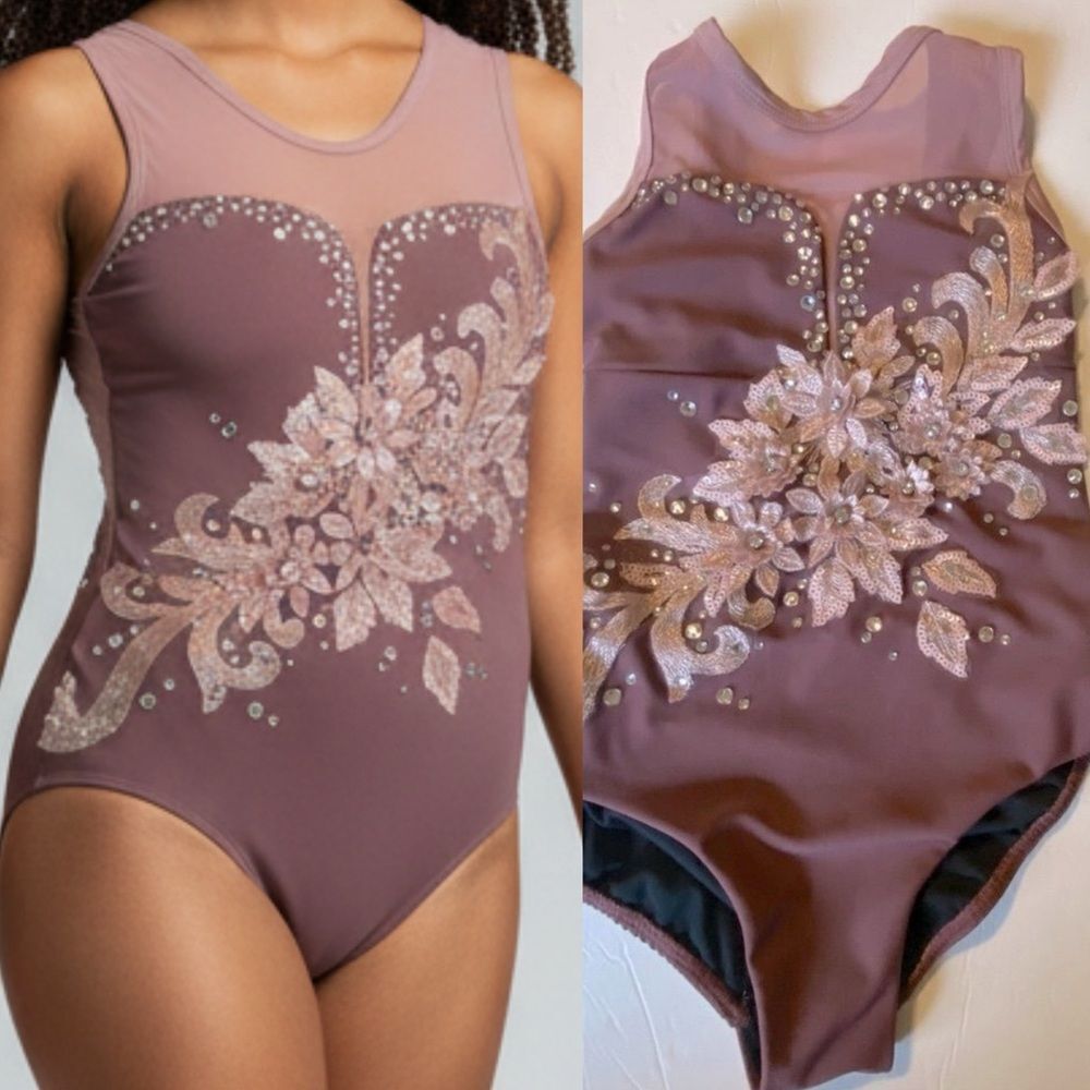Five 5 Dance costume solo mauve illusion leotard custom rhinestone YXL XLC child